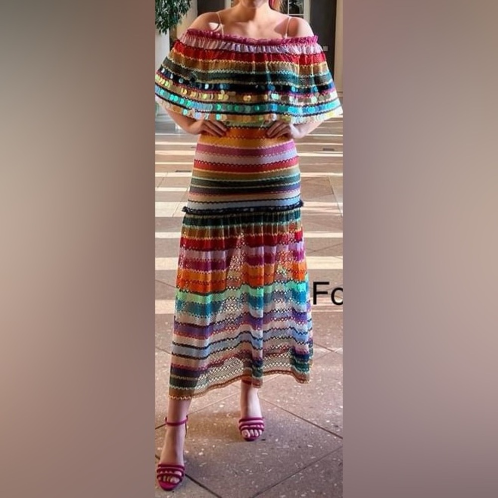 Forever Unique striped, crocheted dress with sequin discs